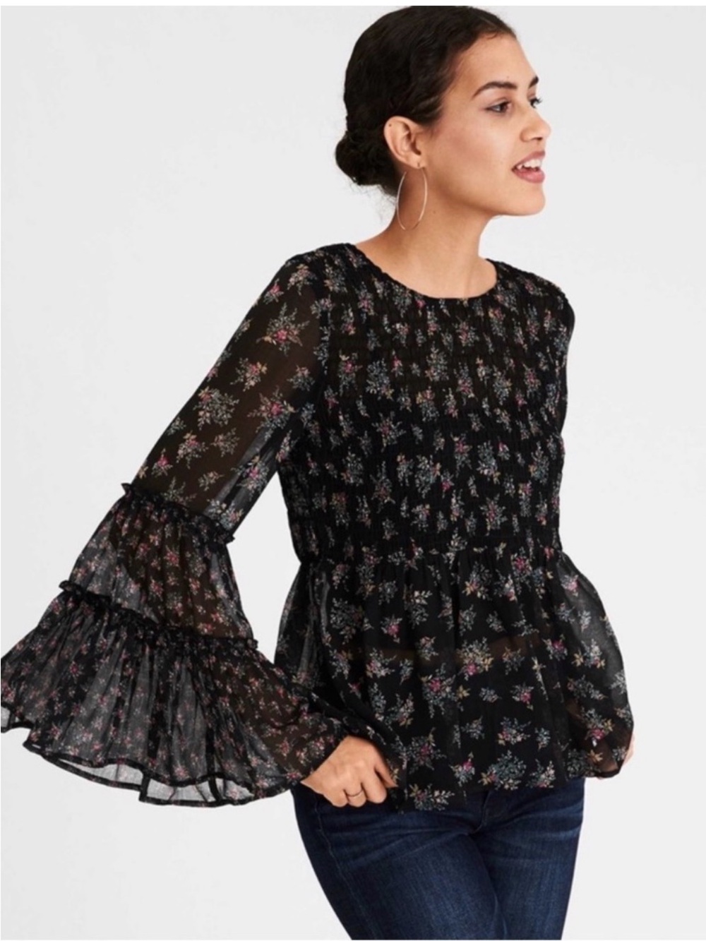 American Eagle Floral Print
Chiffon Sheer Smocked Bell Sleeve
Peasant Blouse